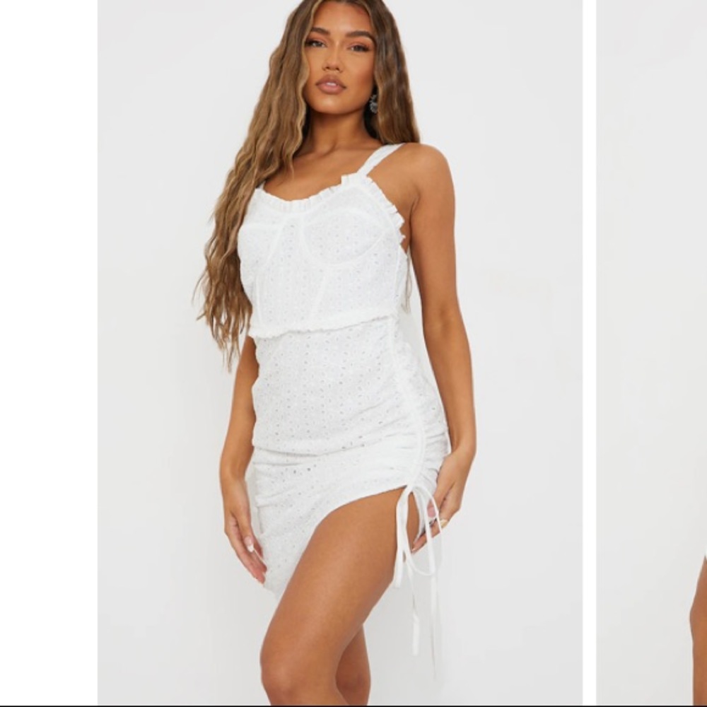 Prettylittlething Broderie Anglaise Binding Ruched Bodycon 🔥nerved worn🔥